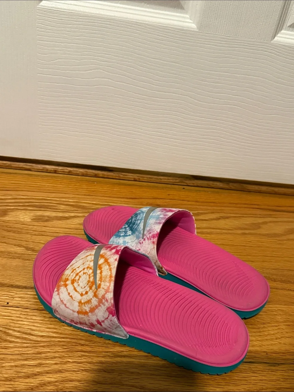 Nike Women's Pink Tie-Dye Slide Sandals with Silver Swoosh